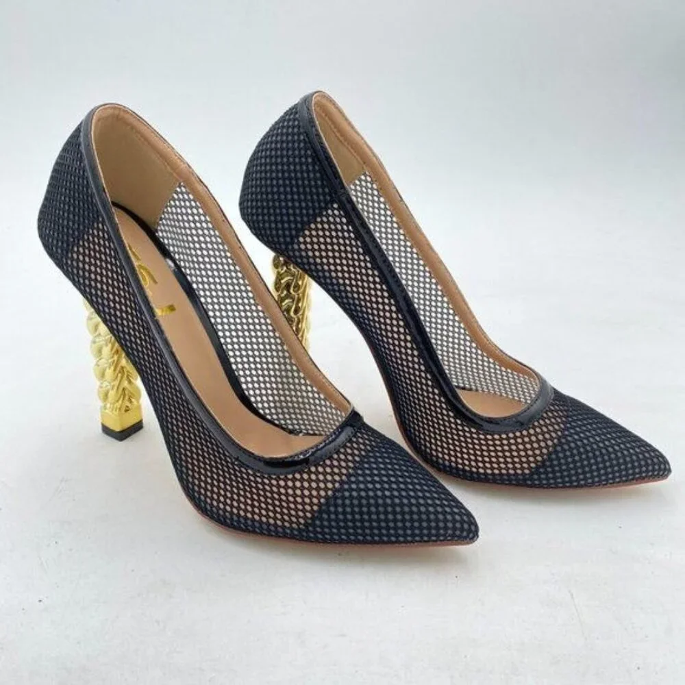 FSJ Women Golden Block High Heel Clear Pump Pointed Toe Slip On Fashion Dress